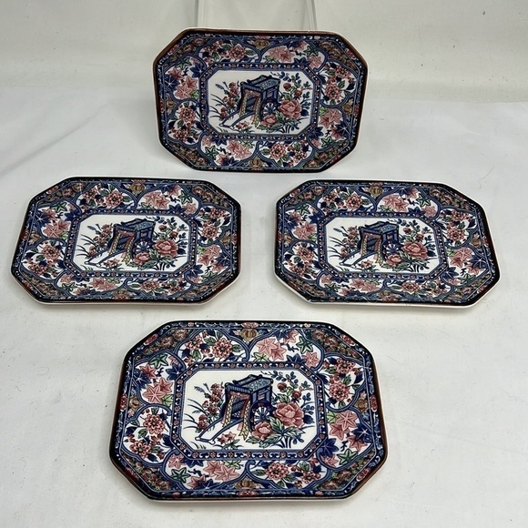 Set of 4 Hirano Vintage Japanese Porcelain Painted Rectangular Plates Dishes - Picture 1 of 4